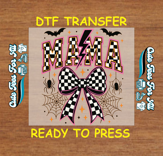 Checkered Mama with bow spiders and cobwebs ready to press dtf transfer for DIY shirts

