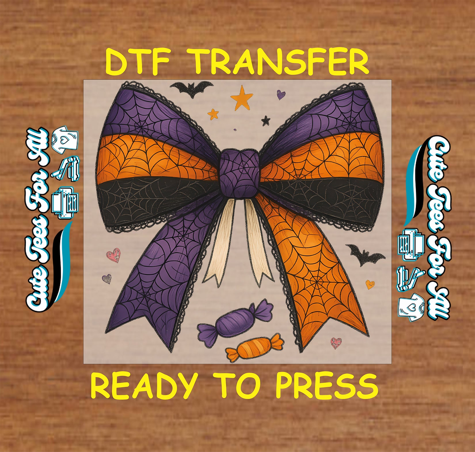 Purple and orange spiderweb bow with candy and bats ready to press dtf transfer for DIY shirts

