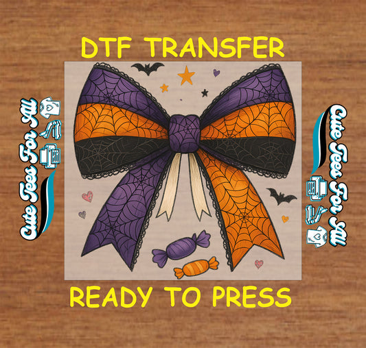 Purple and orange spiderweb bow with candy and bats ready to press dtf transfer for DIY shirts


