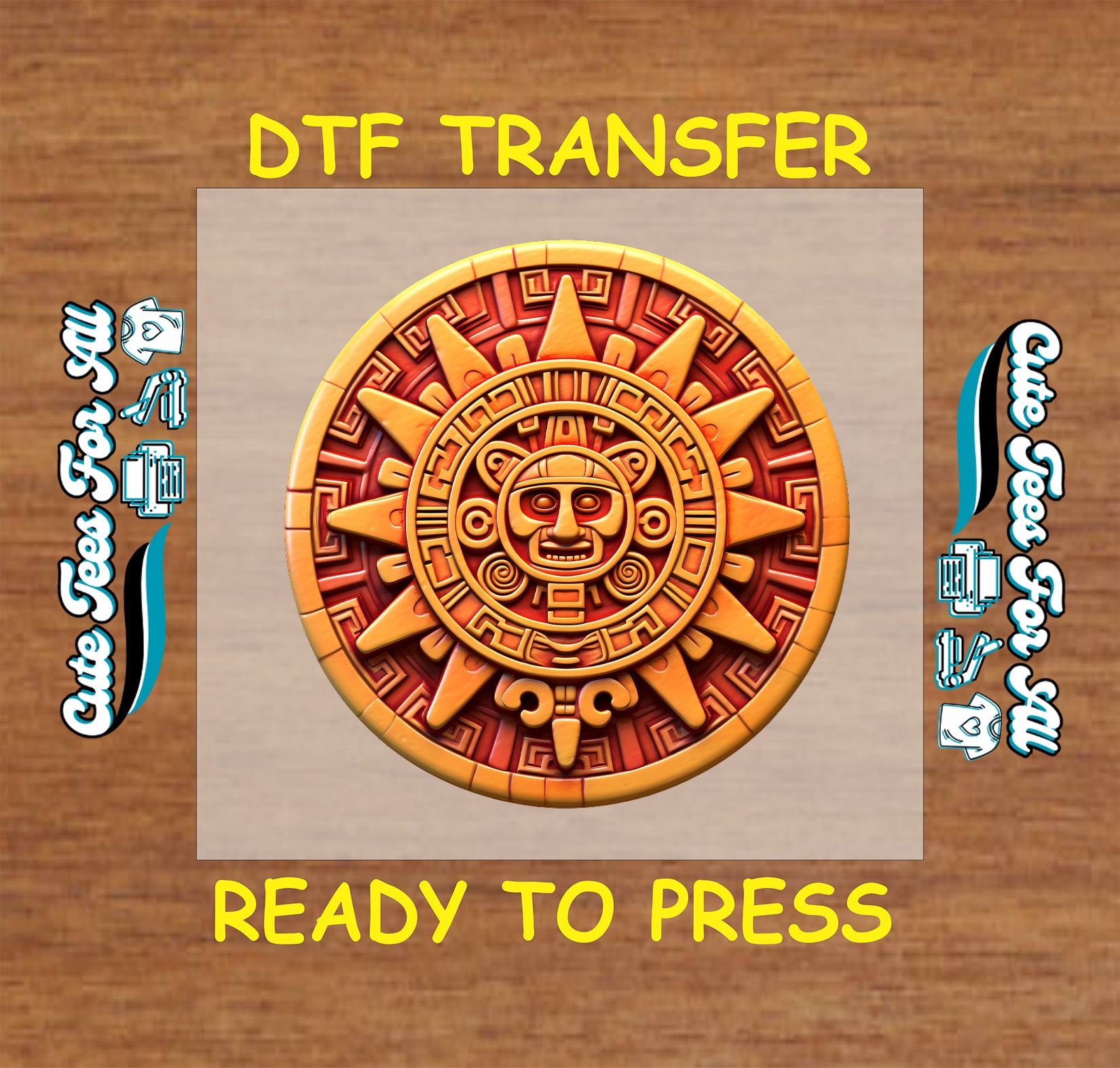 Aztec sun calendar ready to press dtf transfer for DIY shirts in gold and red

