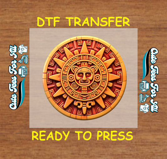 Aztec sun calendar ready to press dtf transfer for DIY shirts in gold and red

