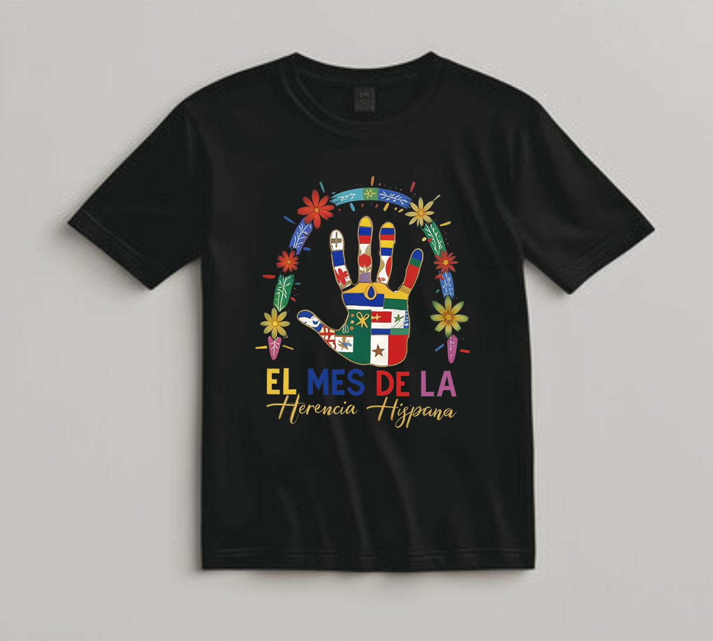 Hispanic Heritage Month DTF Transfer – Hand with Flags and Flowers Ready to Press Iron on Heat Transfer DIY Shirts 11231