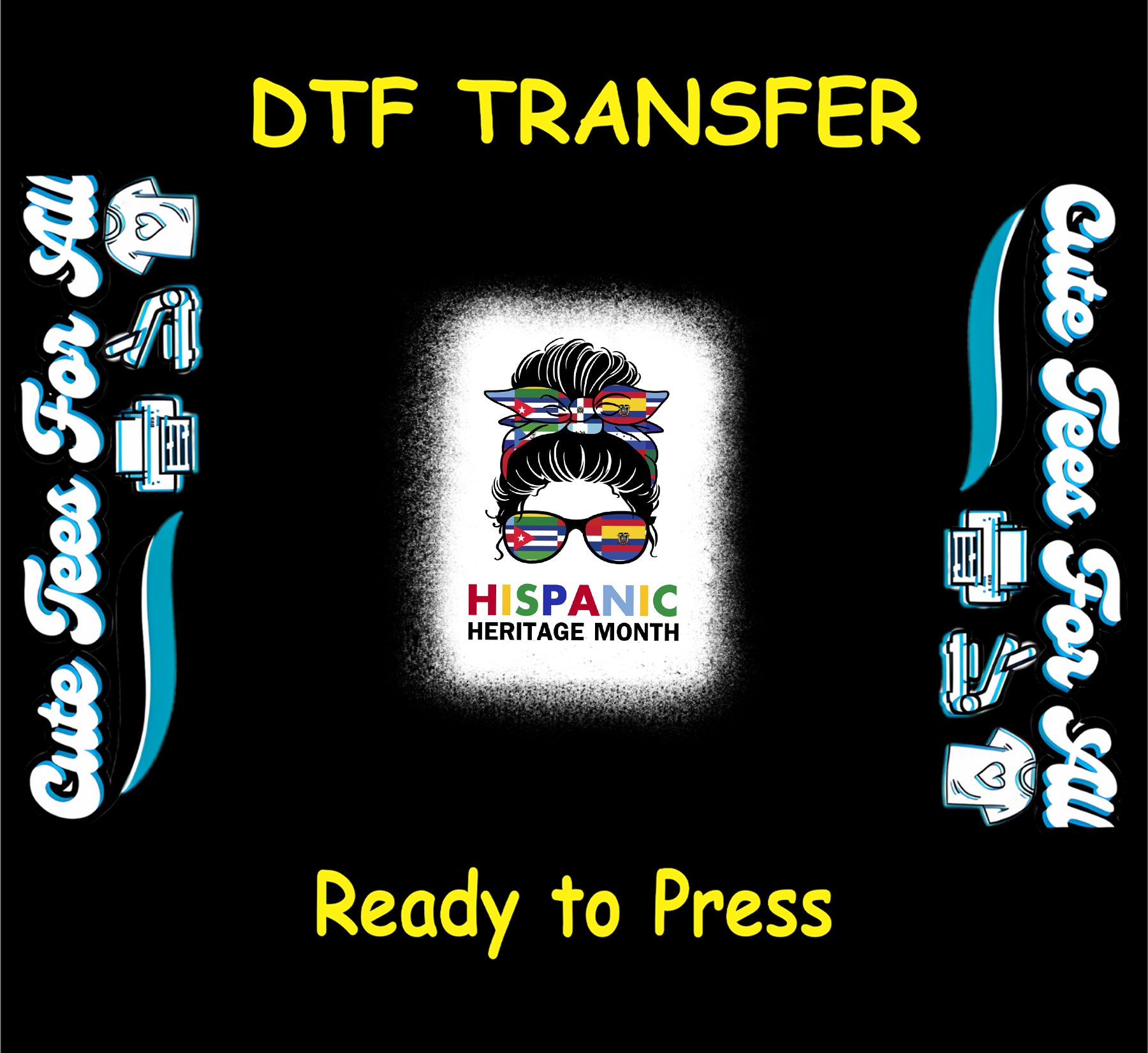 hispanic heritage month messy bun flag sunglasses ready to press dtf transfer for diy shirts
