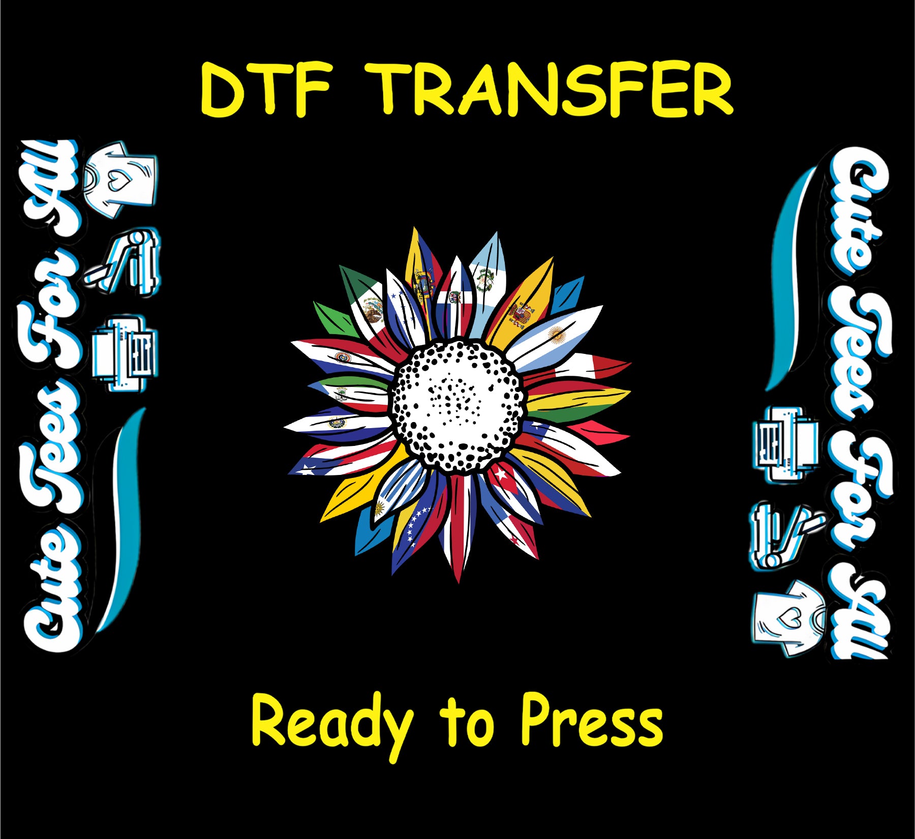 Hispanic Heritage Month sunflower with Hispanic national flags ready to press dtf transfer for DIY shirts