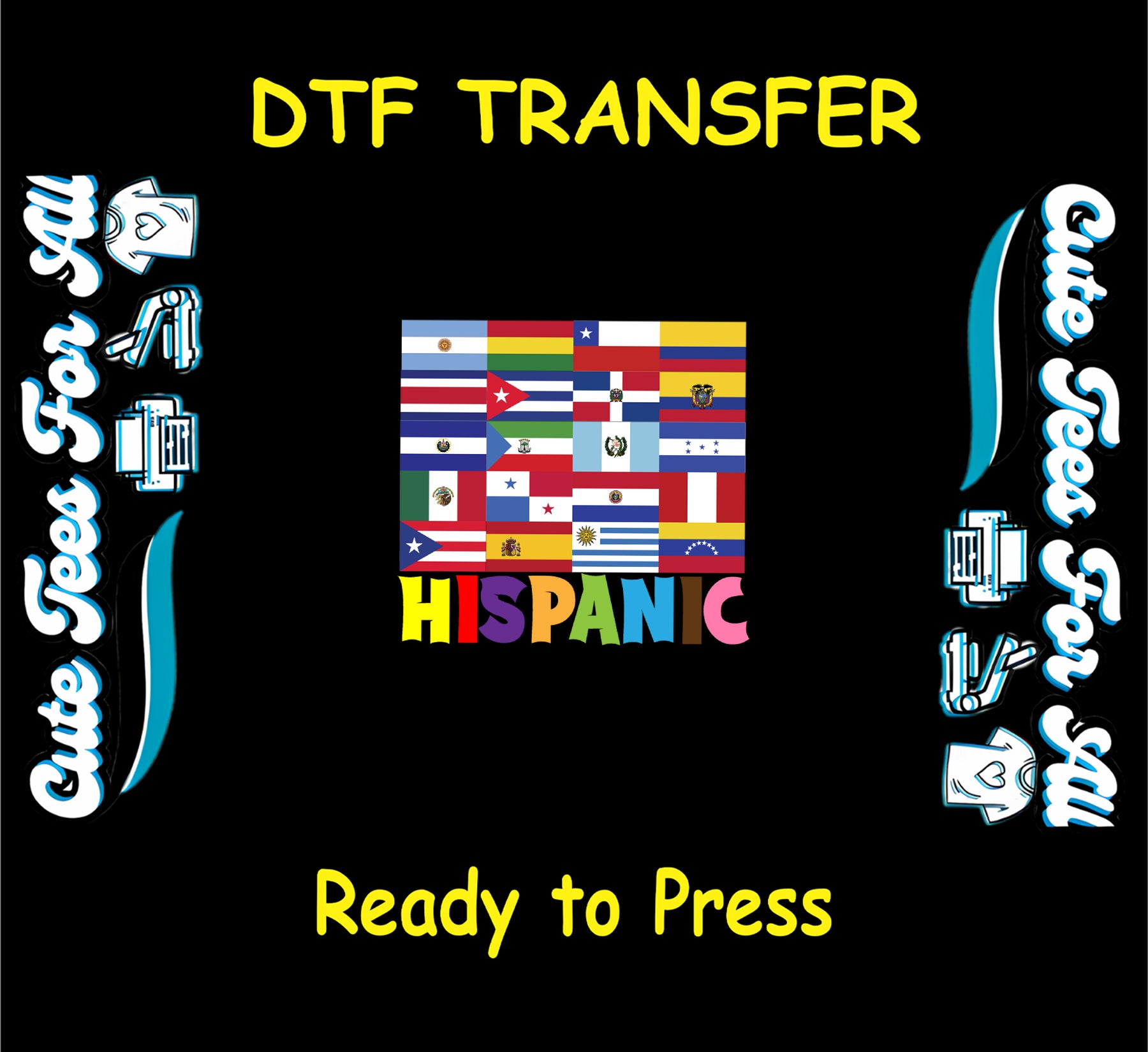 Hispanic Heritage Month colorful national flag collage with Hispanic text ready to press dtf transfer for DIY shirts