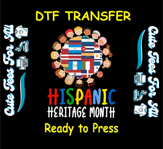 Hispanic Heritage Month globe of Hispanic flags surrounded by diverse children ready to press dtf transfer for DIY shirts