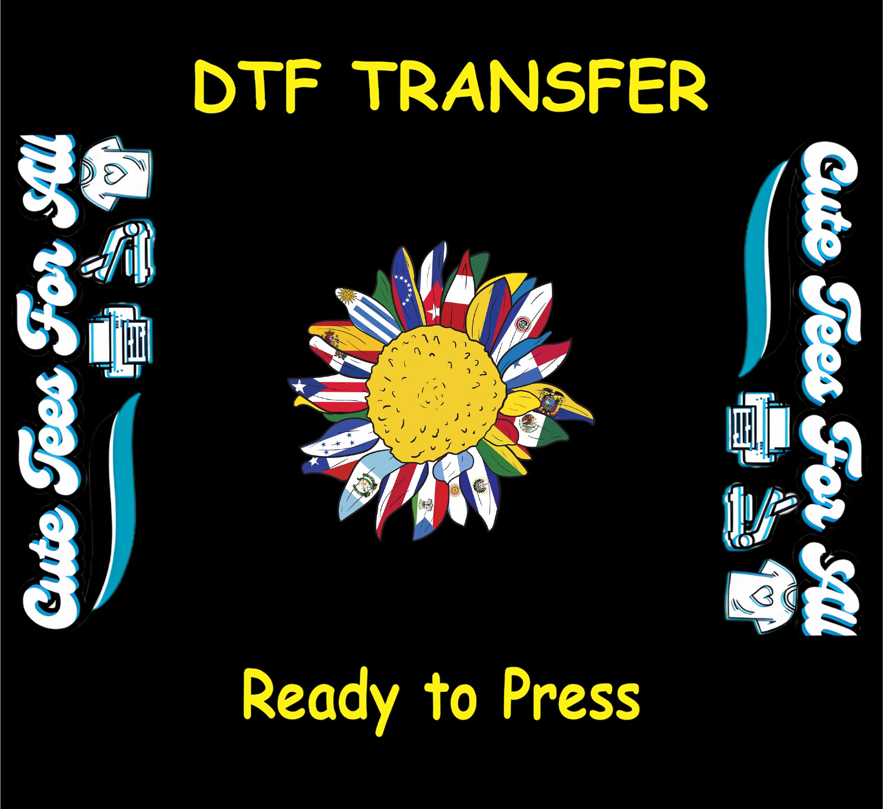 Hispanic Heritage Month sunflower with yellow center and Hispanic national flag petals ready to press dtf transfer for DIY shirts