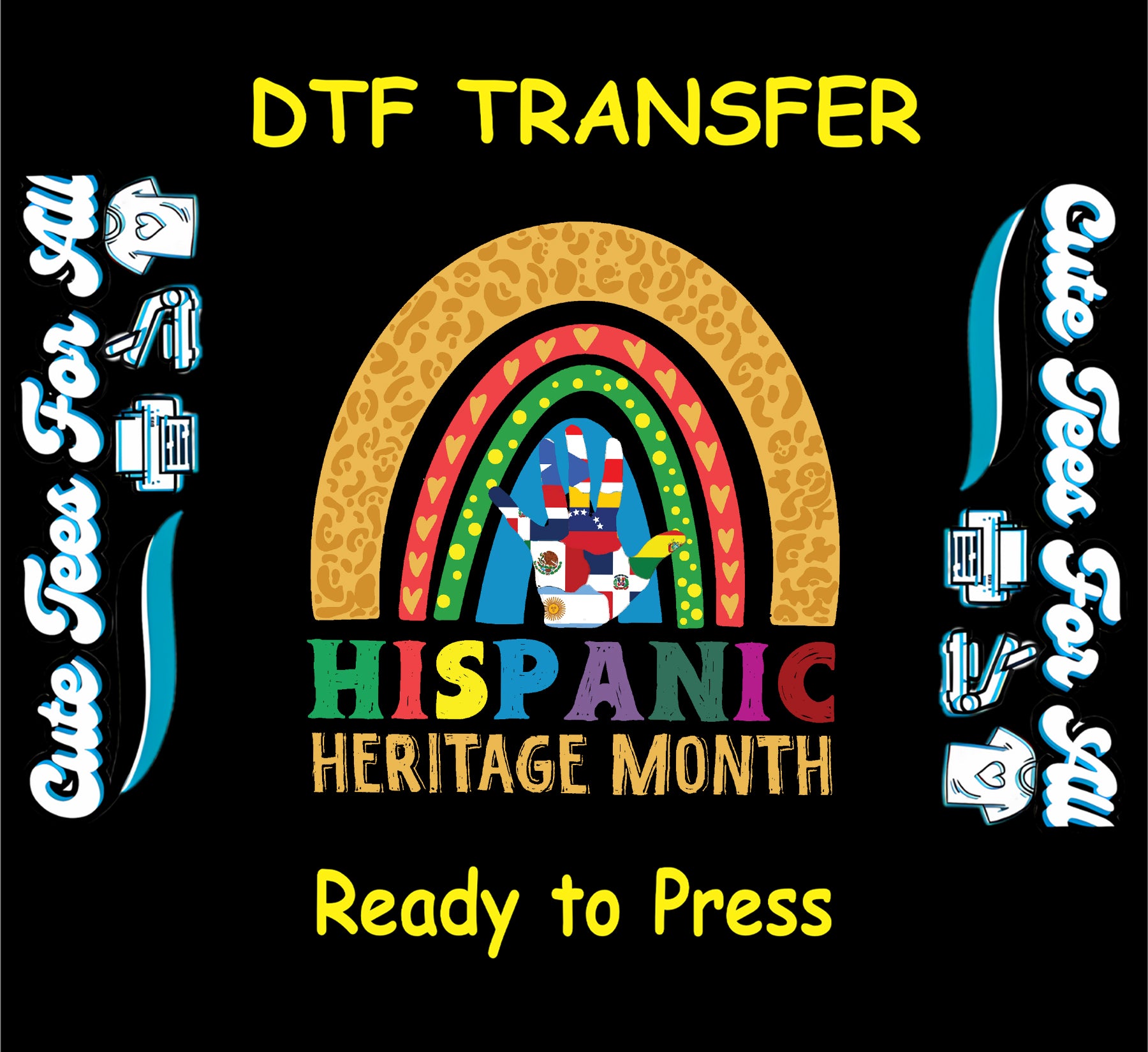 Hispanic Heritage Month cheetah print rainbow with Hispanic flag handprint ready to press dtf transfer for DIY shirts