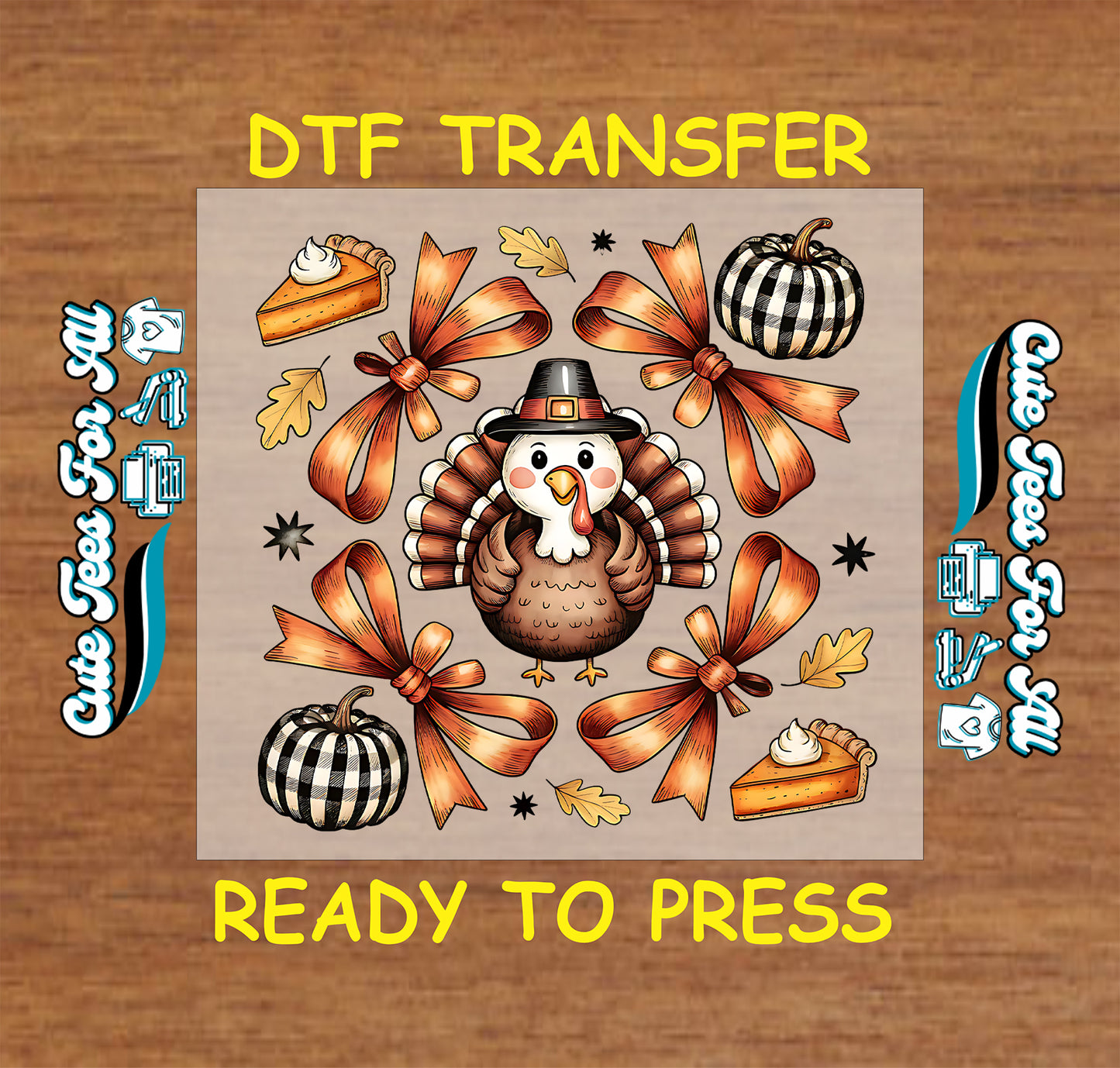 Thanksgiving turkey with bows, checkered pumpkins, pie, and autumn leaves ready to press dtf transfer for DIY shirts
