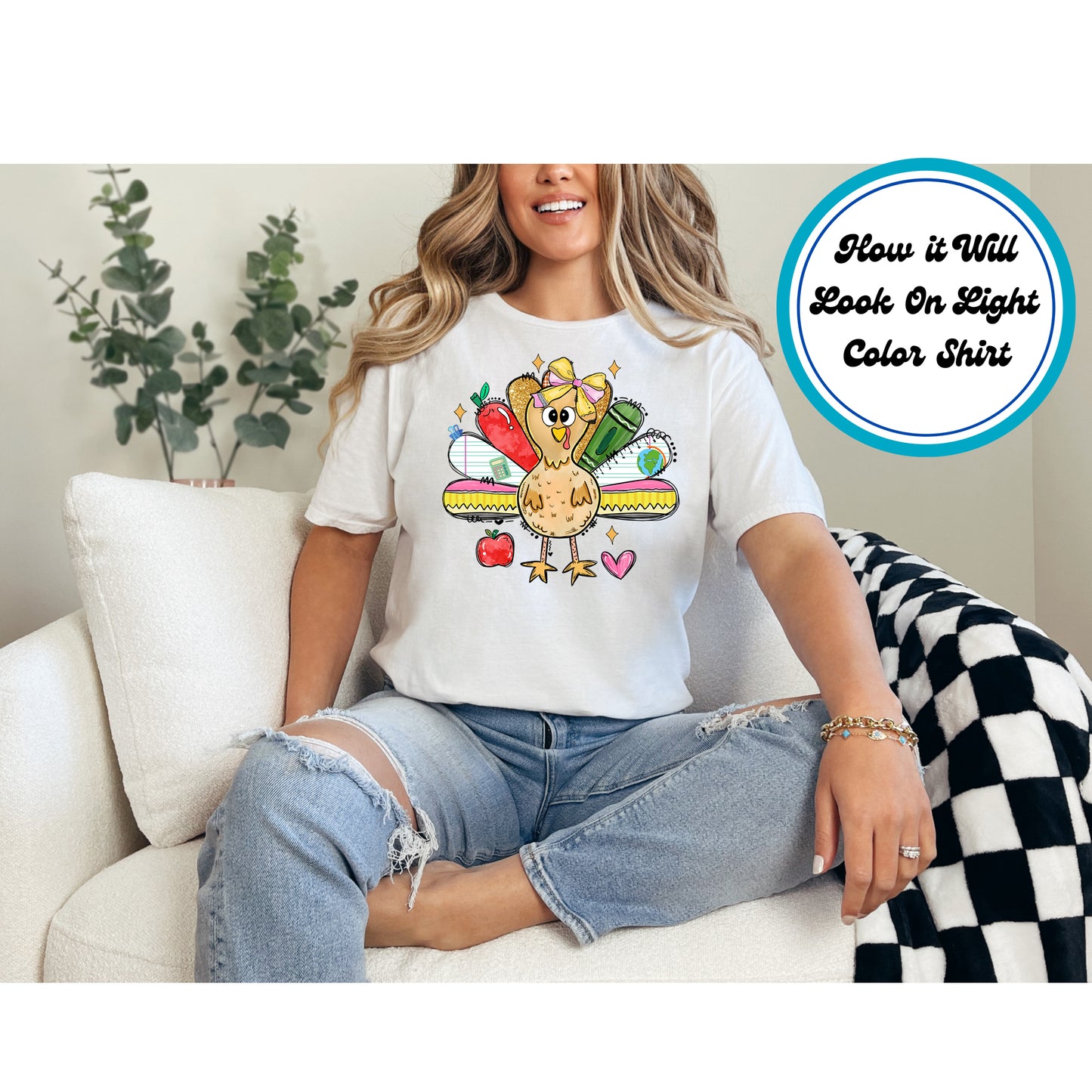 Thanksgiving DTF Transfer – Teacher Turkey with School Supplies Feathers Ready to Press Iron On Heat Transfer for DIY Shirts 11291