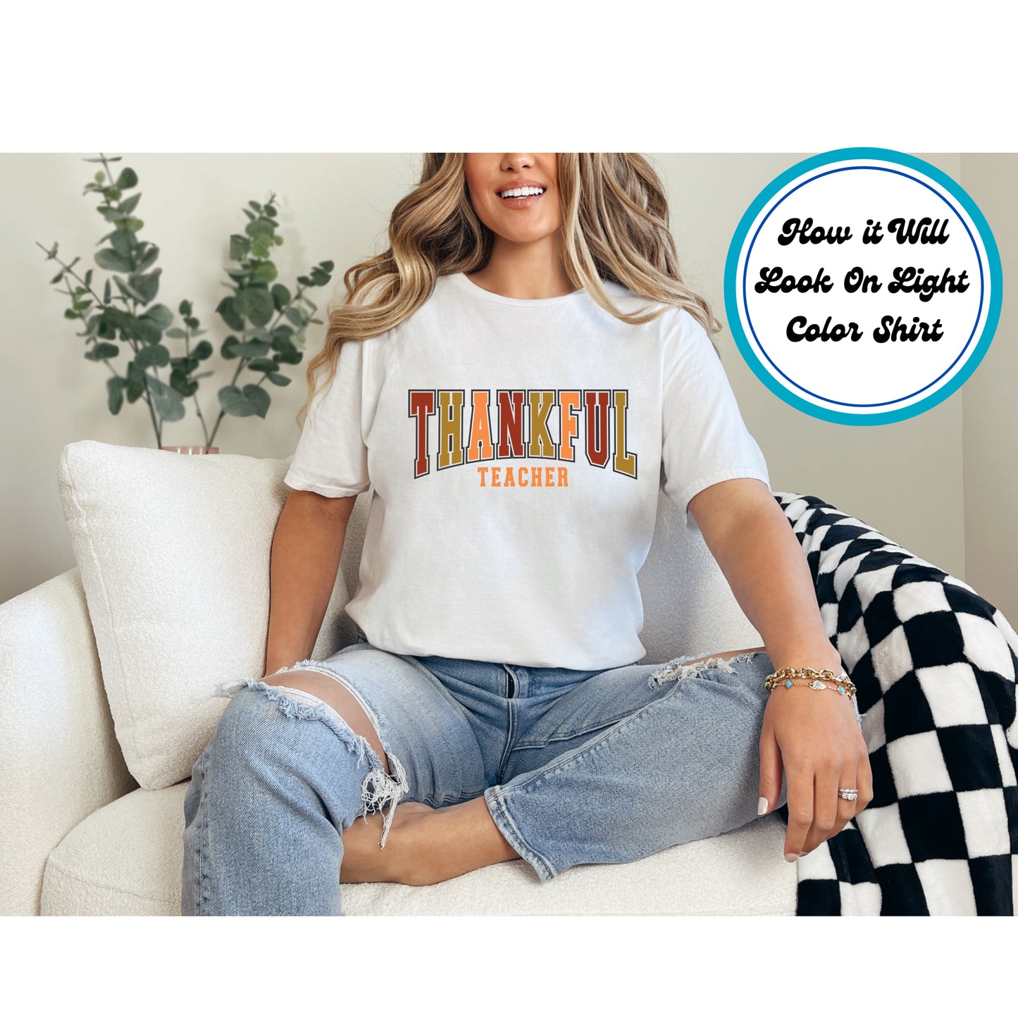 Thanksgiving DTF Transfer – Thankful Teacher Text in Fall Colors Ready to Press Iron On Heat Transfer for DIY Shirts 11301