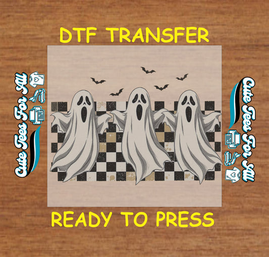 Halloween ready to press dtf transfer with three retro ghosts, checkerboard background, and bats