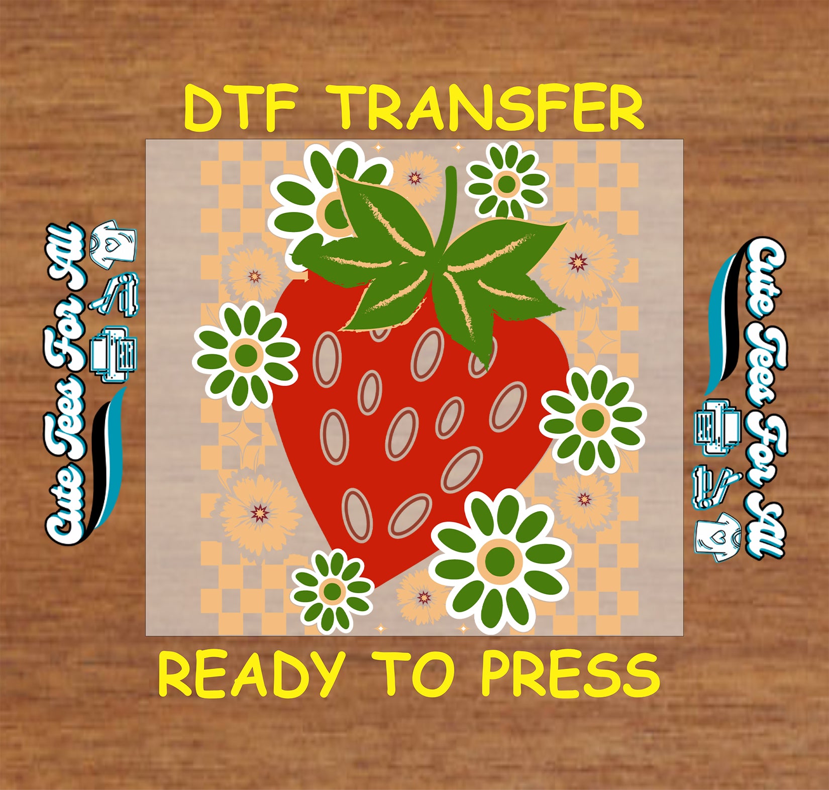 Strawberry retro floral ready to press dtf transfer with daisies and checkerboard