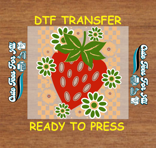 Strawberry retro floral ready to press dtf transfer with daisies and checkerboard