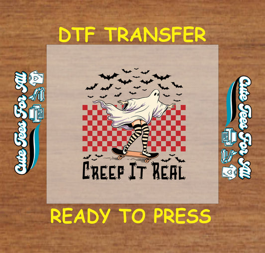 Creep It Real ghost skateboard Halloween ready to press dtf transfer with checkerboard and bats