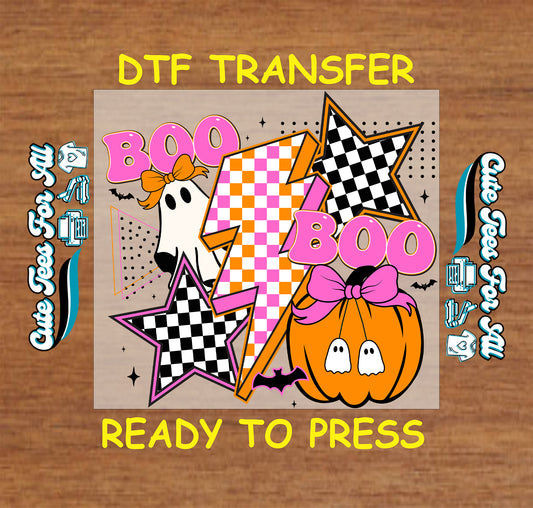 Boo ghost and pumpkin Halloween ready to press dtf transfer with checkerboard stars and lightning bolt