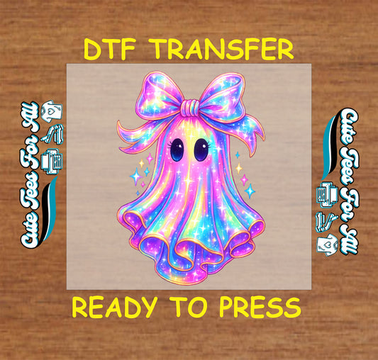 Rainbow sparkle ghost with bow Halloween ready to press dtf transfer iron on heat transfer for DIY shirts