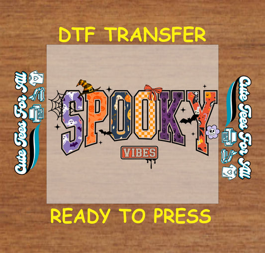 Spooky vibes ghost pumpkin letters Halloween ready to press dtf transfer iron on heat transfer for DIY shirts