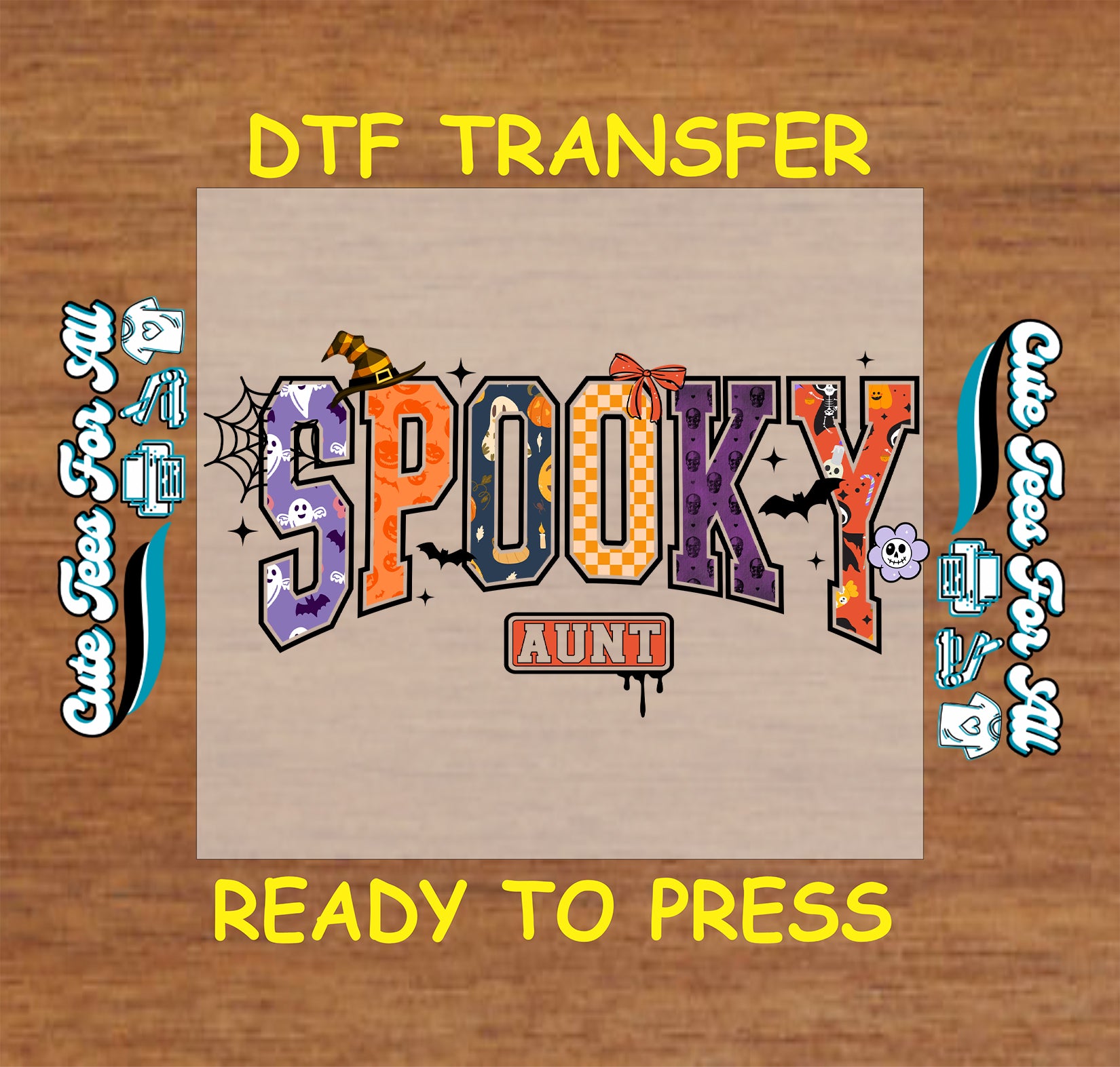 Spooky Aunt Halloween ready to press dtf transfer with colorful letters, bats, pumpkins, and spider webs for DIY shirts.