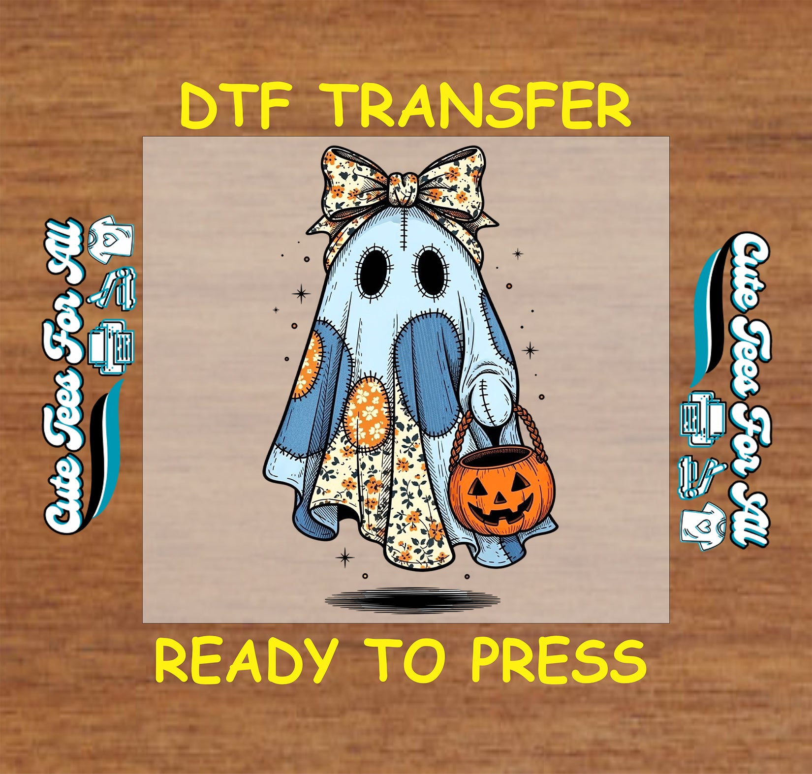 Halloween ghost ready to press dtf transfer with patchwork floral bow and pumpkin trick-or-treat bucket for DIY shirts.