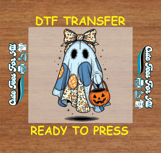 Halloween ghost ready to press dtf transfer with patchwork floral bow and pumpkin trick-or-treat bucket for DIY shirts.