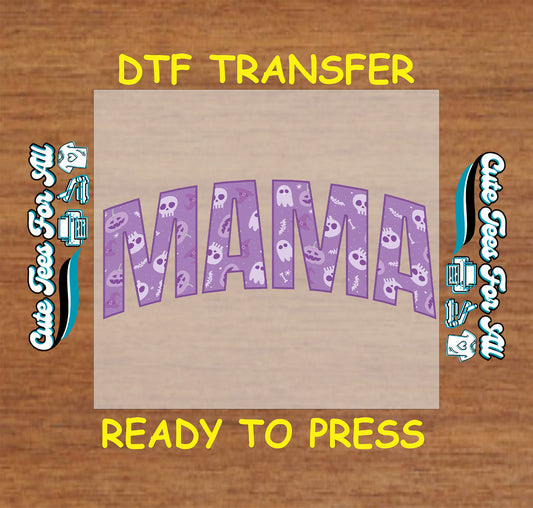 Halloween mama ready to press dtf transfer with purple ghost block letters for DIY shirts.