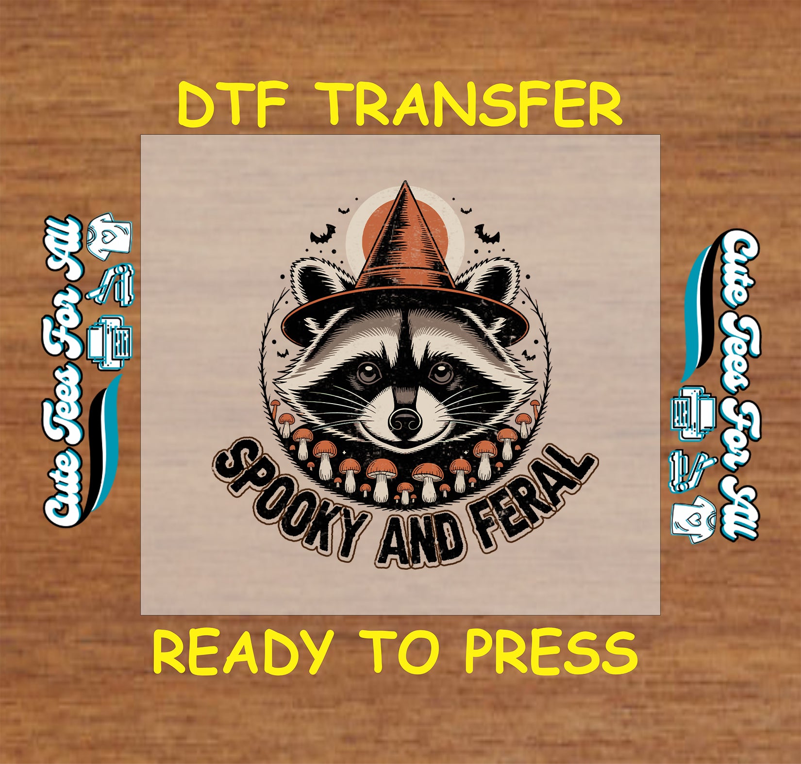 Halloween raccoon spooky and feral dtf transfer with witch hat, mushrooms, and bats ready to press for DIY shirts.