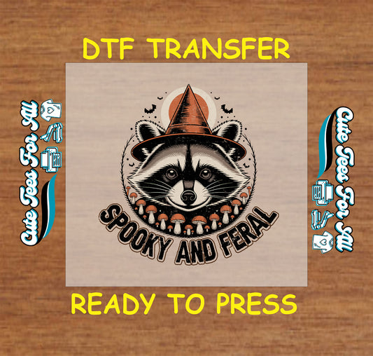 Halloween raccoon spooky and feral dtf transfer with witch hat, mushrooms, and bats ready to press for DIY shirts.