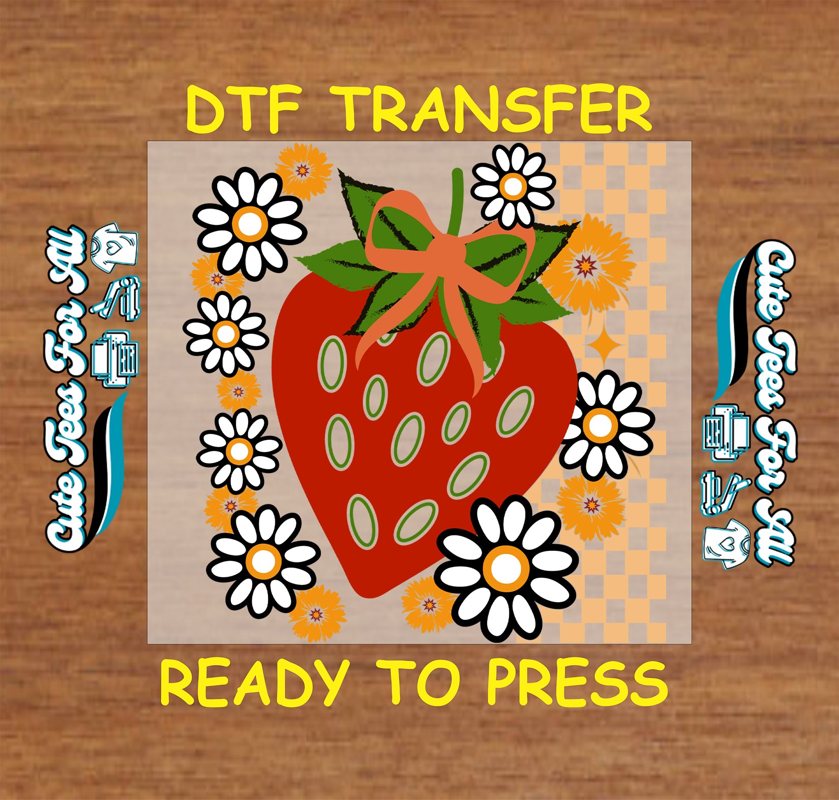 Strawberry floral ready to press dtf transfer with red strawberry, daisies, and checkerboard background for DIY shirts.