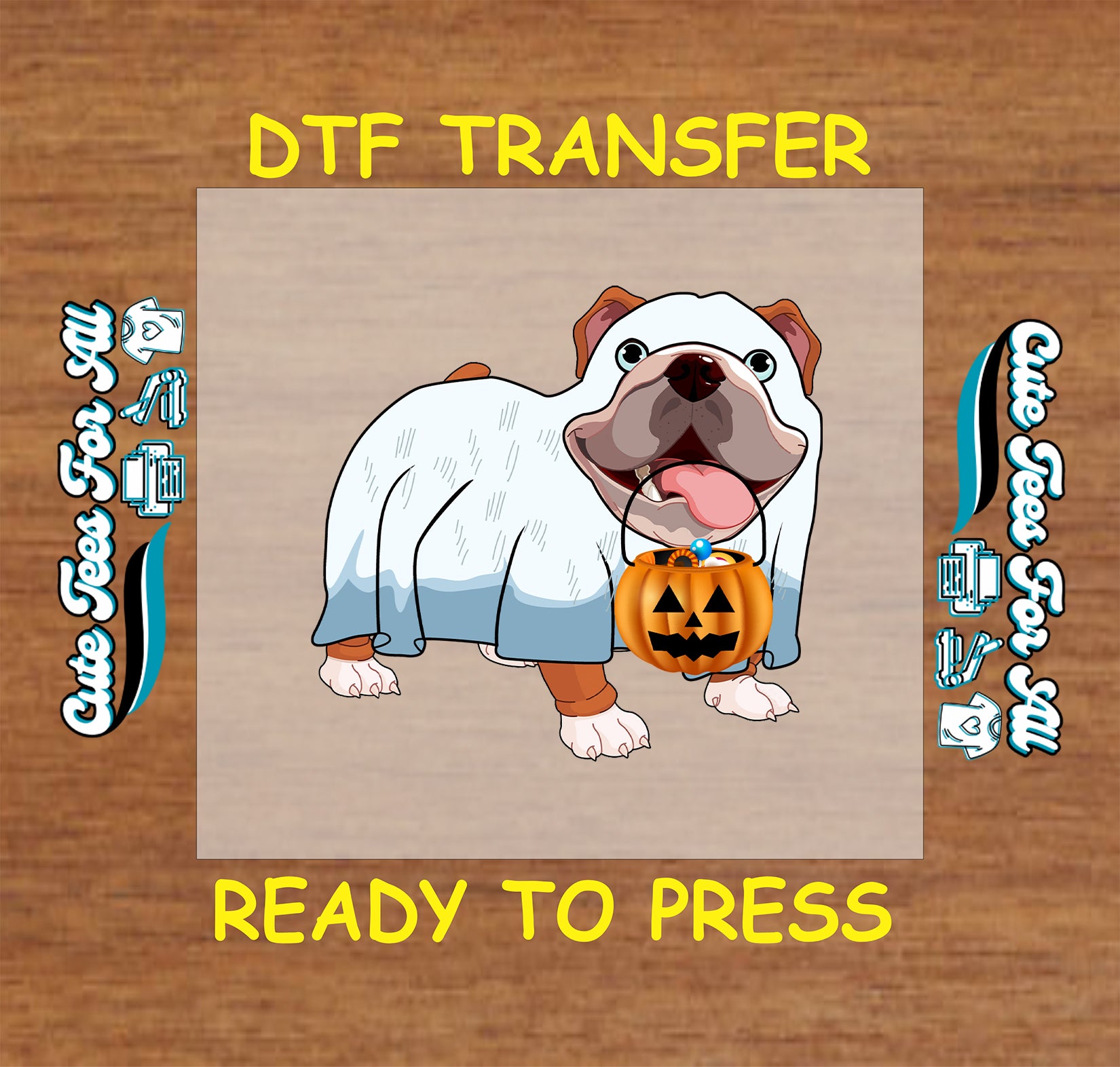 Halloween bulldog ready to press dtf transfer with ghost costume and pumpkin candy bucket for DIY shirts.