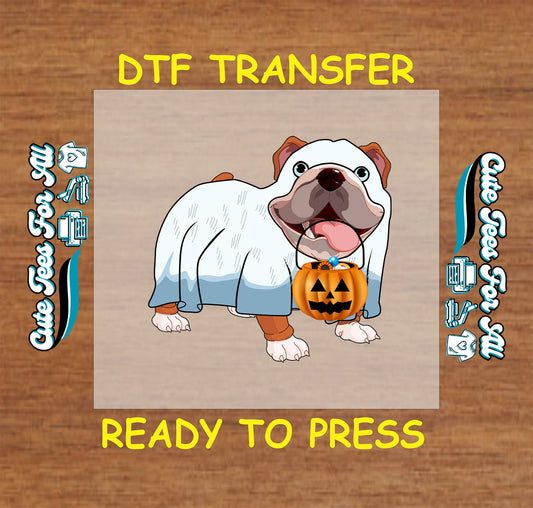 Halloween bulldog ready to press dtf transfer with ghost costume and pumpkin candy bucket for DIY shirts.