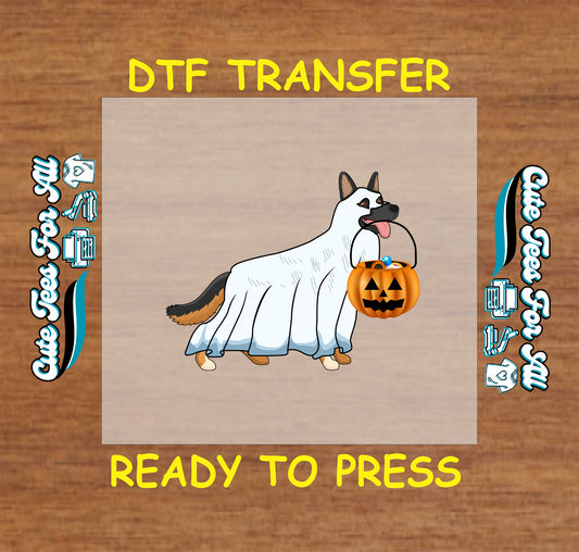Halloween German Shepherd ghost dog dtf transfer with pumpkin candy bucket ready to press for DIY shirts.