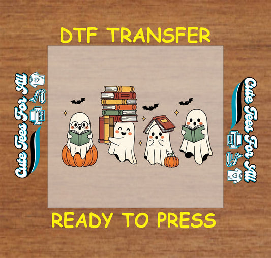 Halloween teacher ghost dtf transfer with books, pumpkins, and bats ready to press for DIY shirts.