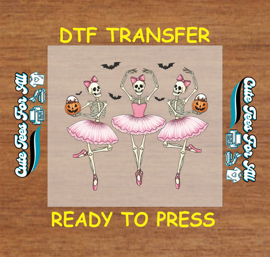 Halloween skeleton ballerinas in pink tutus with bows and pumpkins ready to press dtf transfer for diy shirts