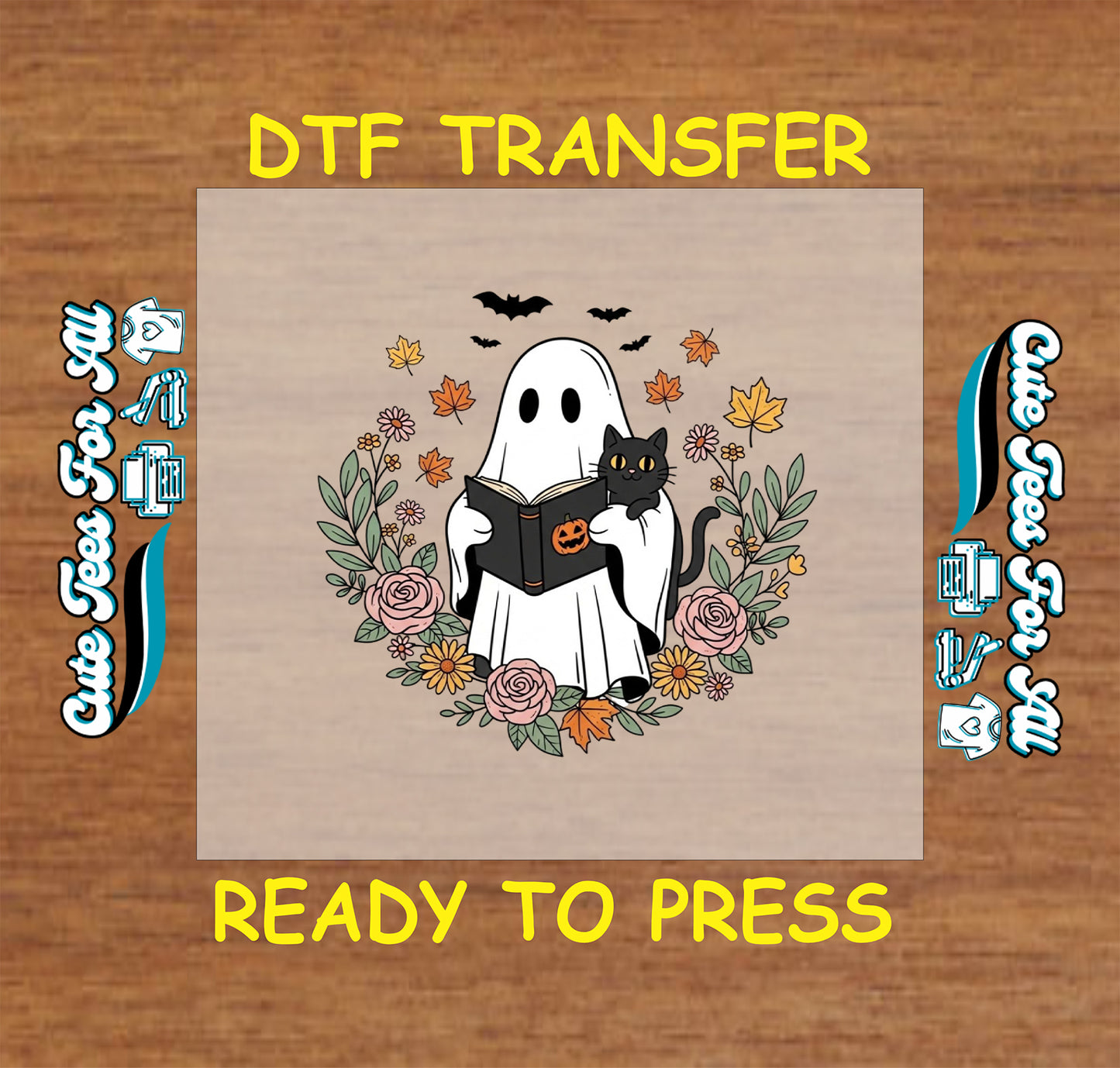 Ghost reading book with black cat and floral wreath ready to press Halloween dtf transfer for diy shirts