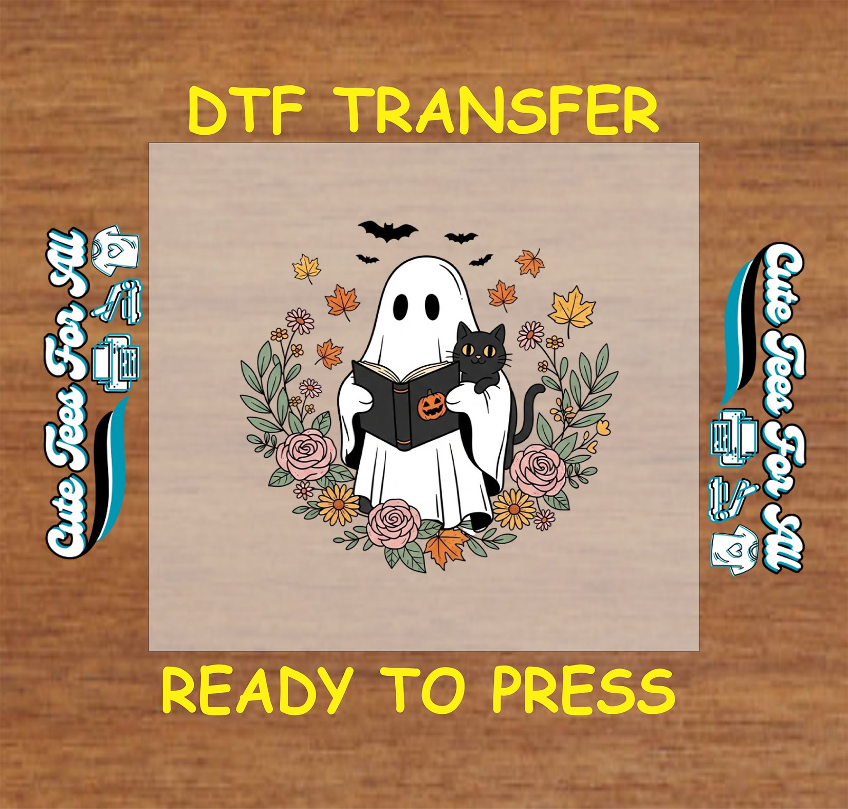 Ghost reading book with black cat and floral wreath ready to press Halloween dtf transfer for diy shirts