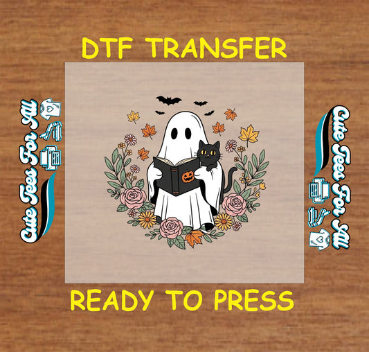 Ghost reading book with black cat and floral wreath ready to press Halloween dtf transfer for diy shirts