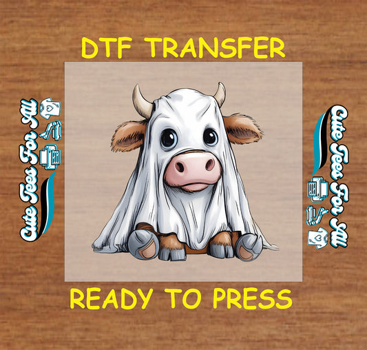 Cute cow in ghost costume Halloween ready to press dtf transfer for diy shirts