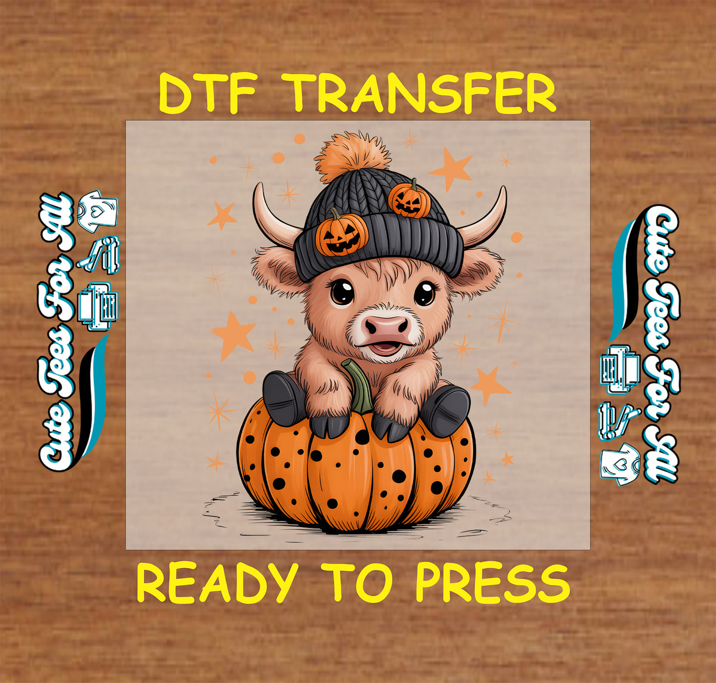 Cute cow sitting on pumpkin wearing jack o lantern beanie Halloween ready to press dtf transfer for diy shirts