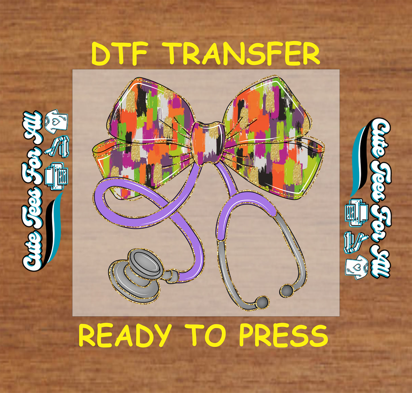 Colorful bow with purple stethoscope nurse ready to press dtf transfer for diy shirts