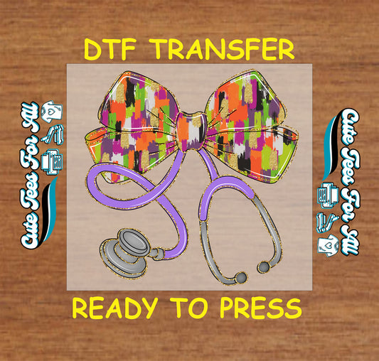 Colorful bow with purple stethoscope nurse ready to press dtf transfer for diy shirts