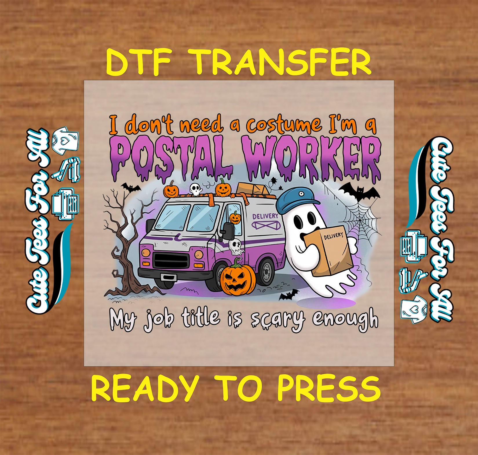 Funny postal worker ghost with purple mail truck halloween ready to press dtf transfer for diy shirts