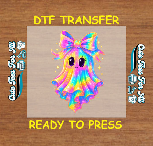 Rainbow ghost with bow ready to press dtf transfer with sparkles for diy halloween shirts