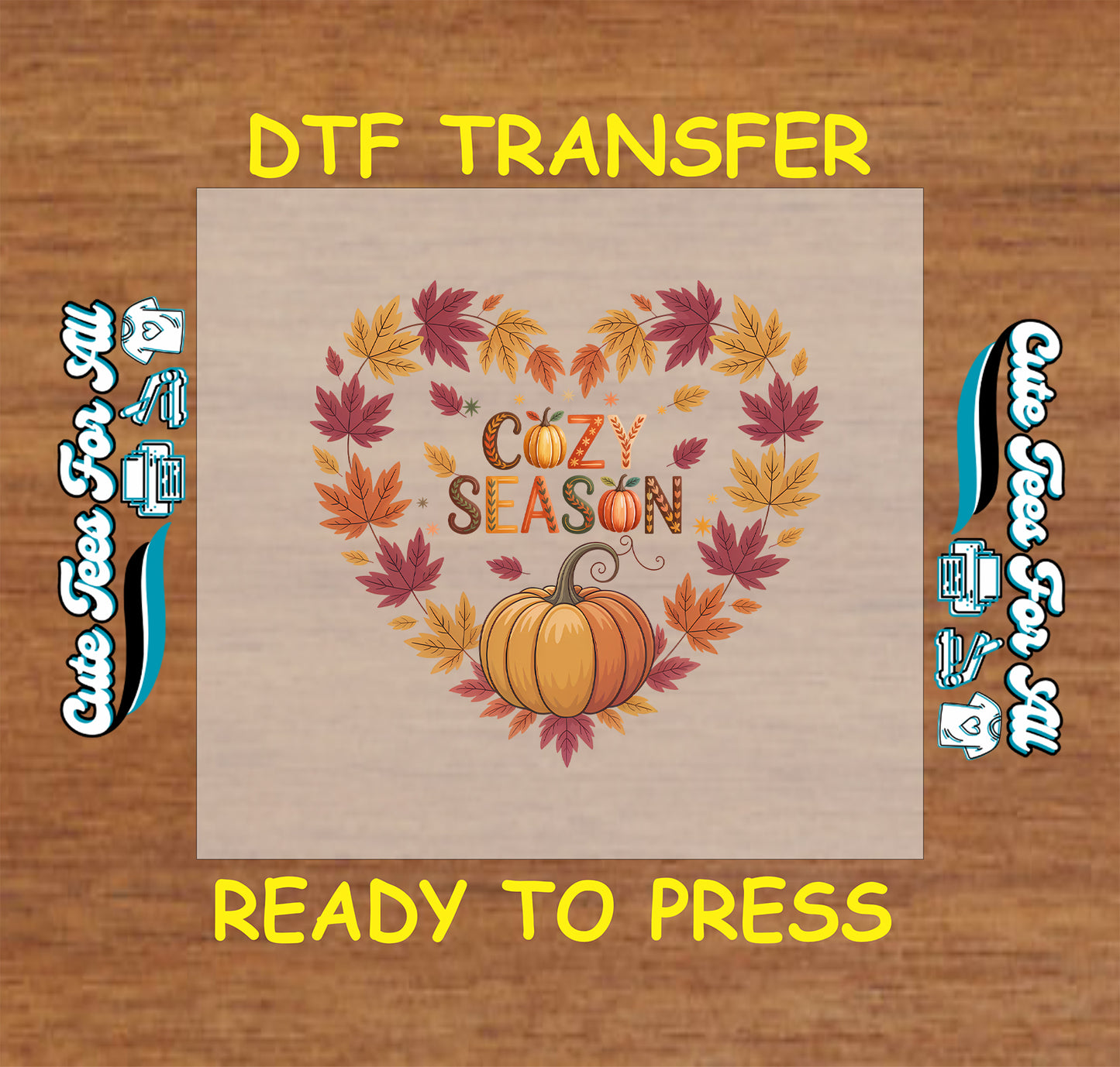 Fall cozy season ready to press dtf transfer with pumpkin and autumn leaves heart for diy shirts
