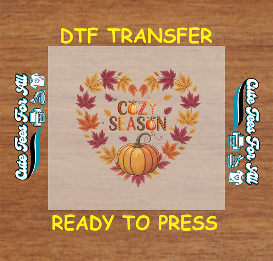 Fall cozy season ready to press dtf transfer with pumpkin and autumn leaves heart for diy shirts
