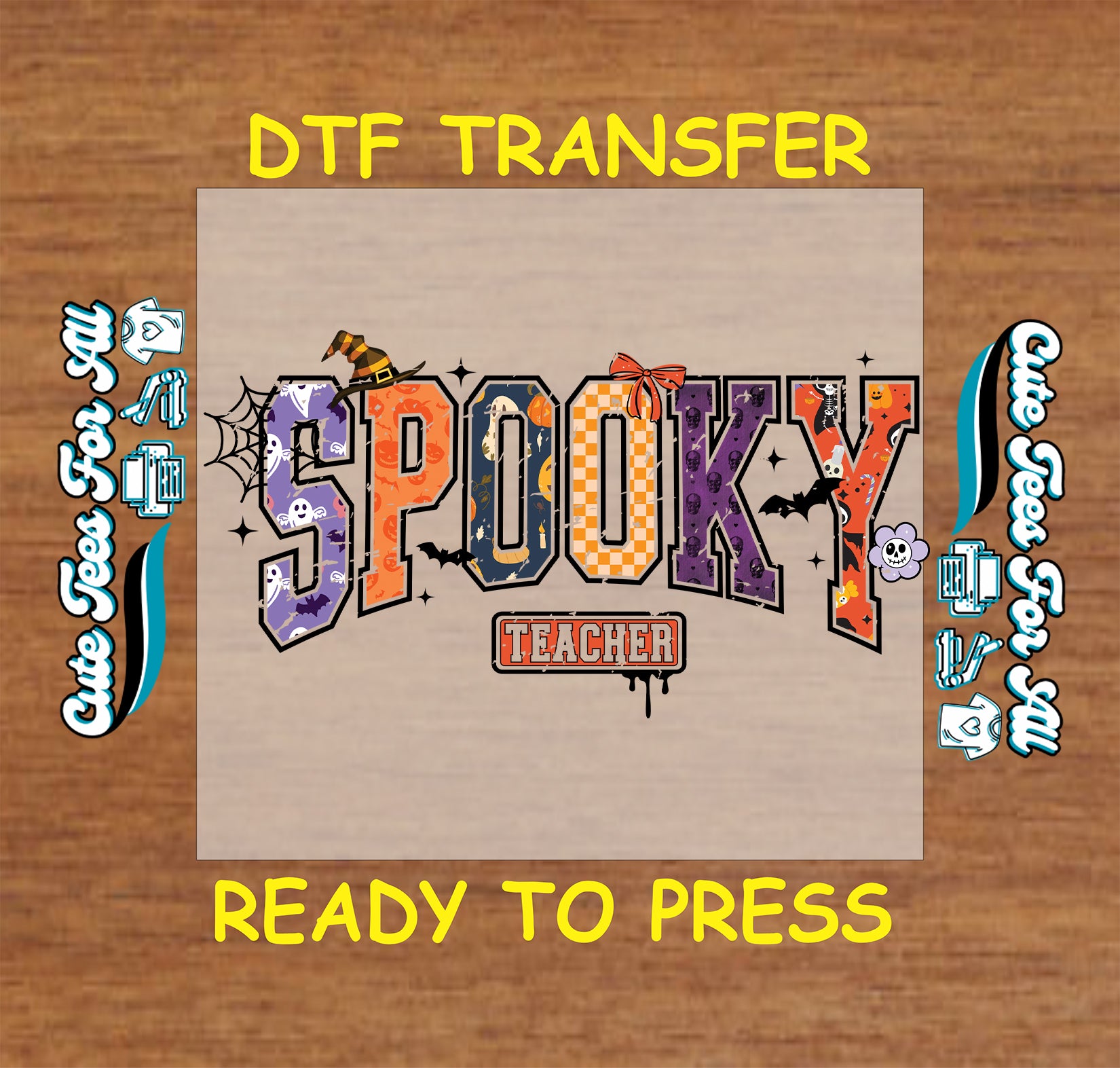 Spooky teacher halloween ready to press dtf transfer with bats spiderwebs and fall colors for diy shirts