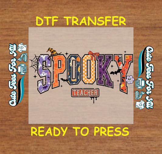 Spooky teacher halloween ready to press dtf transfer with bats spiderwebs and fall colors for diy shirts