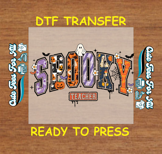 Spooky teacher halloween ready to press dtf transfer with ghost pumpkin spiderwebs and bats for diy shirts