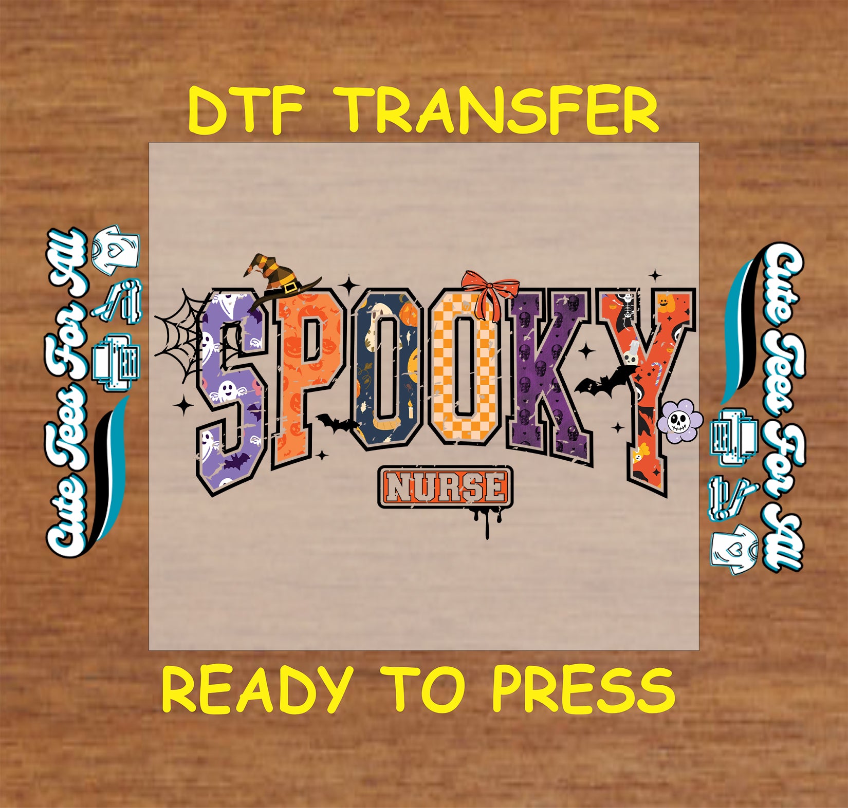 Spooky nurse halloween ready to press dtf transfer with bats spiderwebs and fall colors for diy shirts