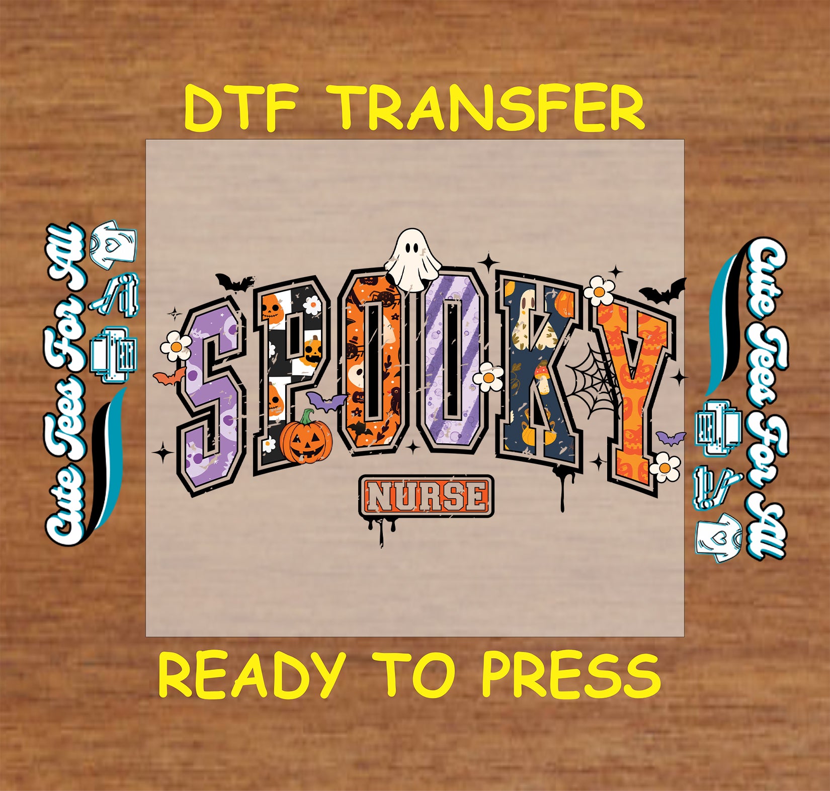 Spooky nurse halloween ready to press dtf transfer with ghost pumpkin bats and spiderwebs for diy shirts